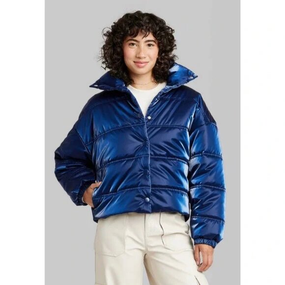 NEW! Women's Iridescent Shine Duvet Puffer Jacket Coat, Blue - Wild Fable - Picture 1 of 16